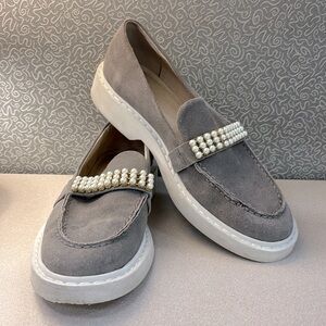 CECELIA NEW YORK Rita Gray Suede Loafers with Pearl Detail - Size 10